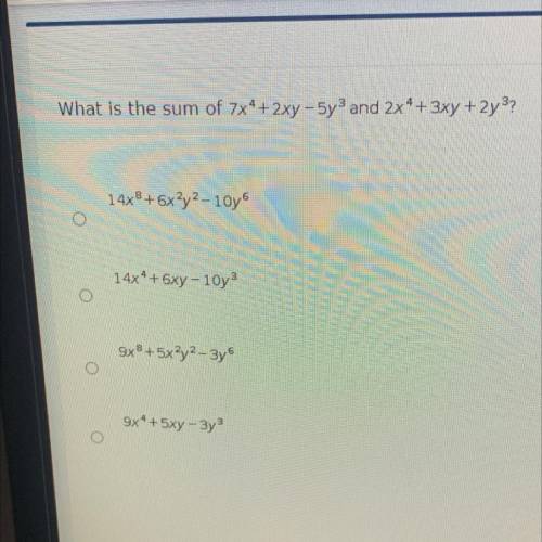 What is the sum of 7x^4+2xy-5y^3 and 2x^4+3xy+2y^3