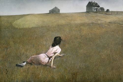 Examine the painting below by Andrew Wyeth, Christina's World (1948). Write an 8 sentence narrati