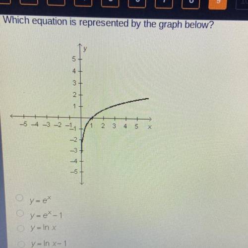 HELP!!

Which equation is represented by the graph below?
O y=e^x
Oy=e^x-1
Oy=In x
Oy= In x -1