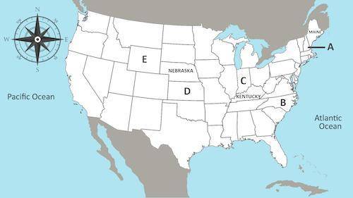 Which state is located at point D?

A- New Hampshire
B- north carolina
C- Indiana
D- Kansas