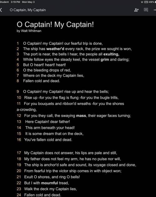 The poem, O Captain, My Captain, is an extended metaphor that shows how Americans felt after the