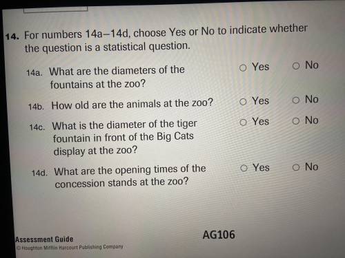 For numbers 14a-14d,Choose Yes or No to indicate whether the question is a statistical question.