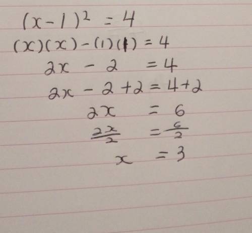 Please solve ln(x-1)^2=4