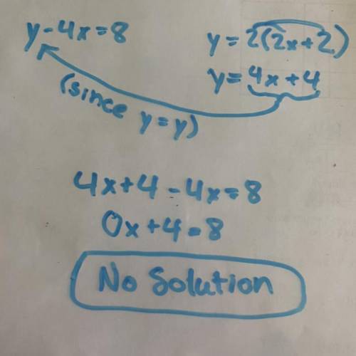 Find the solution to the system of equations:

y - 4x = 8
y = 2 (2x +2)
Show work for brainliest