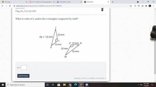 What is the value of y that makes the 2 triangles congruent by AAS?