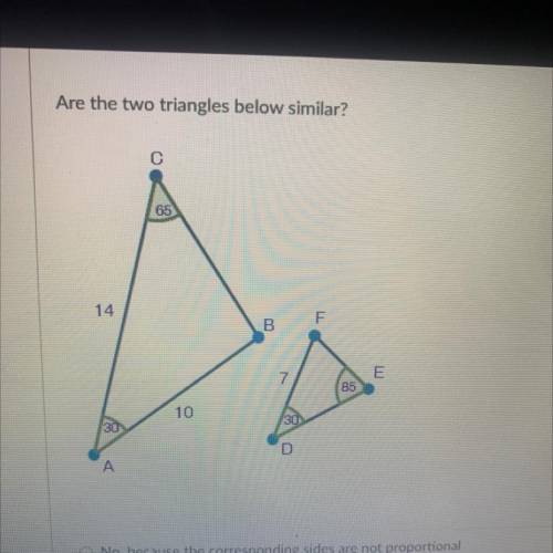 Are the two triangles below similar?

 No, because the corresponding sides are not proportional 
Y