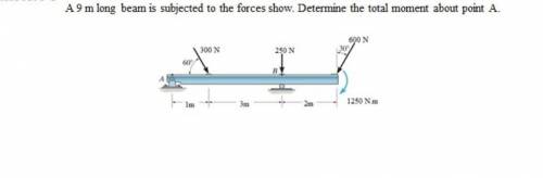 A 9 m long beam is subjected to the forces show. Determine the total moment about point A