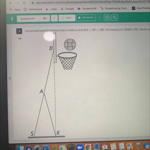 The portable basketball hoop shown is made so that BA=AS=AK. The measure of