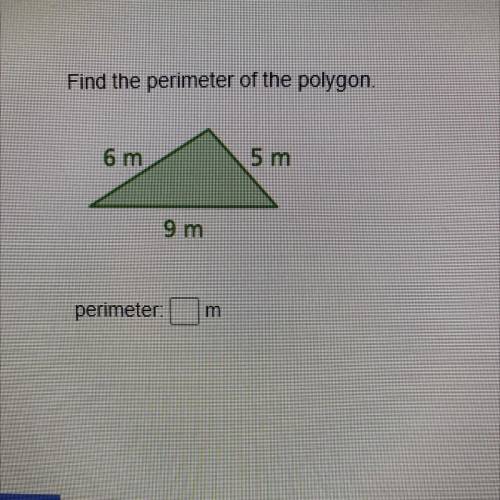 Find the perimeter of the polygon.
6 m
5 m
9 m
perimeter:
m