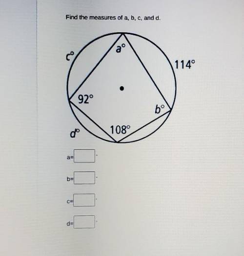 I need to find the angles of A, B, C, and D.

I've had a seriously hard time with Circle Theorems,
