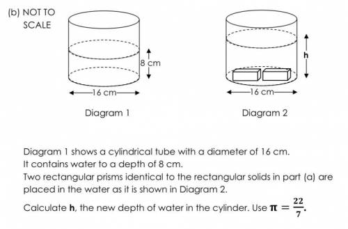 Diagram 1 shows a cylindrical tube with a diameter of 16 cm.

It contains water to a depth of 8 cm