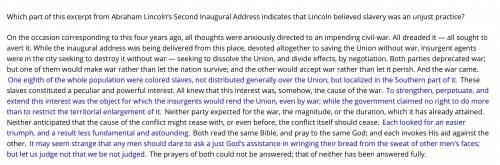 Help me pls!! Which part of this excerpt from Abraham Lincoln’s Second Inaugural Address indicates
