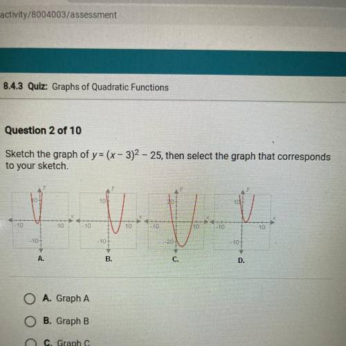 Sketch the graph of y= (x - 3)2 - 25, then select the graph that corresponds

to your sketch
A.
B.