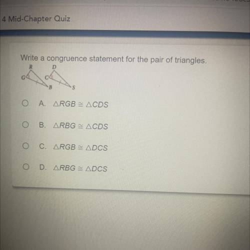 Write a congruence statement for the pair of triangles