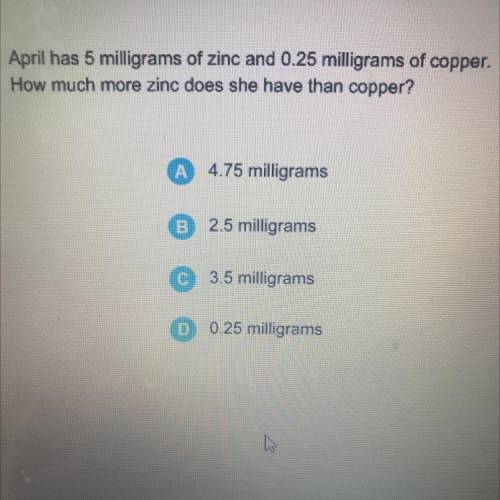 April has 5 milligrams of zinc and 0.25 milligrams of copper.

How much more zinc does she have th