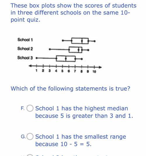 A. School 1 has the highest median because 5 is greater than 3 and 1

B. School 1 has the smallest