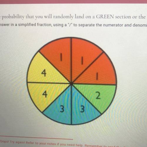 What is the probability that you will randomly land on a GREEN section or the number 1?

Write you