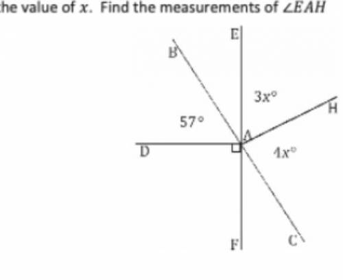 Lines BC and EF meet at A. Set up an equation to find the value of x. Find the meausrements of EAH