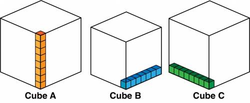 Choose the TWO statments about these three cubes.

A) Cube B has a volume less than Cube C.
B) Cub