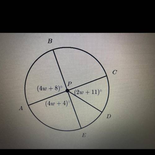 In the figure below, AC and BE are diameters of circle P.

What is the arc measure of minor arc D