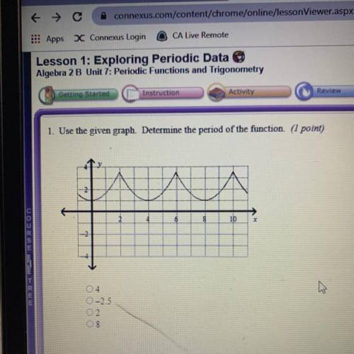 1. Use the given graph. Determine the period of the function. (1 point)

10
-2.5
OOOO
8