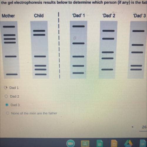 Use the gel electrophoresis results below to determine which person (if any) is the father of the c