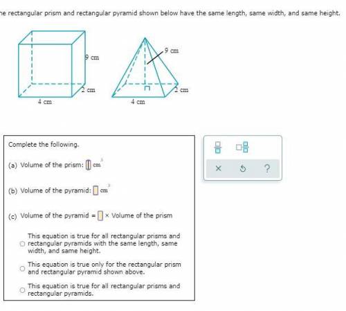 The rectangular prism and rectangular pyramid shown below have the same length, same width, and sam