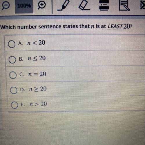 Which number sentence states that n is at LEAST 20?