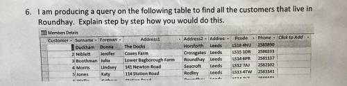 6. I am producing a query on the following table to find all the customers that live in

Roundhay.