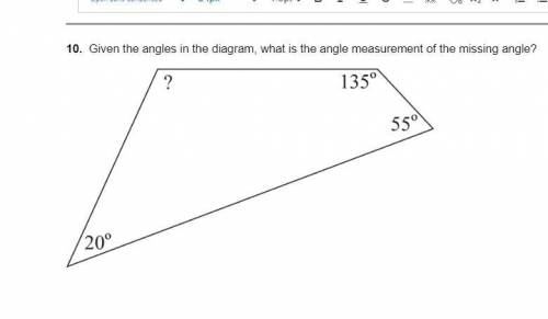 Given the angles in the diagram, what is the angle measurement of the missing angle?