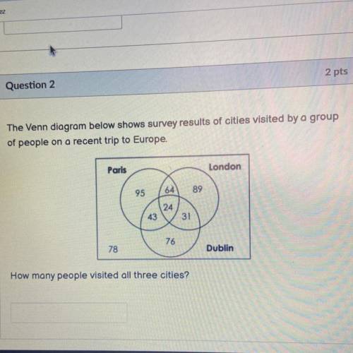 Help asap!!

The Venn diagram below shows survey results of cities visited by a group
of people on