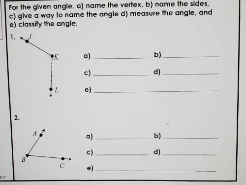 For the given angle, a) name the vertex, b) name the sides, c) give a way to name the angle, d) mea