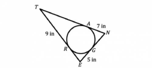 Points A, R and G are points of tangency. Find the perimeter of ∆NET below.