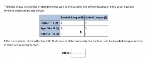 HELP ASAP PLS!! The table shows the number of championships won by the baseball and softball league