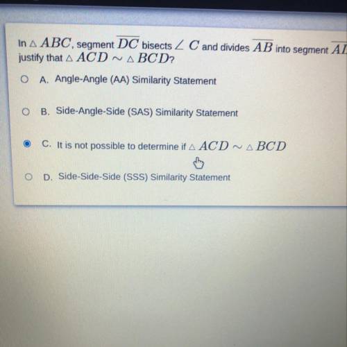 In ABC segment DC bisects /_C and divides AB into segment AD and BD. CD = 6 units and AC = 8.5, the