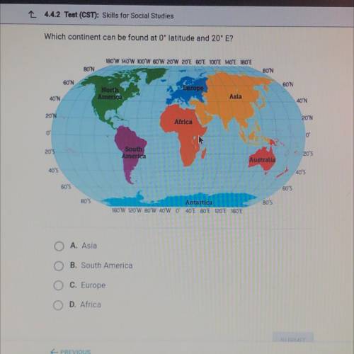 Which continent can be found at O' latitude and 20' E?
Help me please