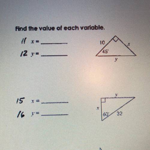 Find the value of each variable 10 45 x y