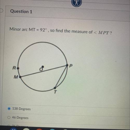 Minor arc MT = 92 degrees , so find the measure of MPT