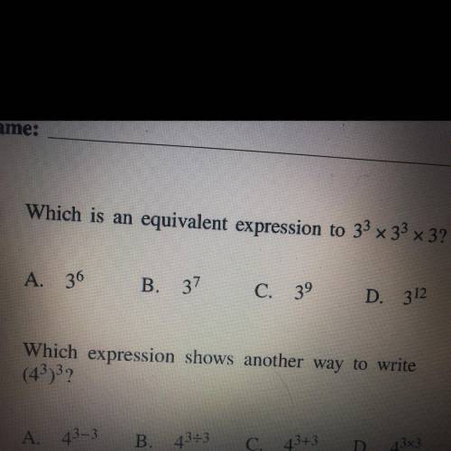 Which is a equivalent expression to 3^3x3^3x3?