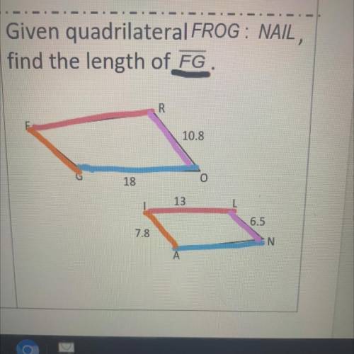 Given quadrilateral FROG : NAIL,
find the length of FG.
Please help me asap thanks <3