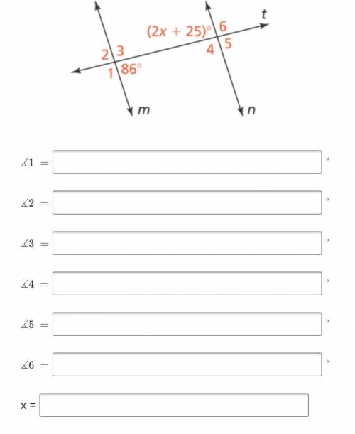 Line m is parallel to line n. Find the value of x and each missing angle measure.