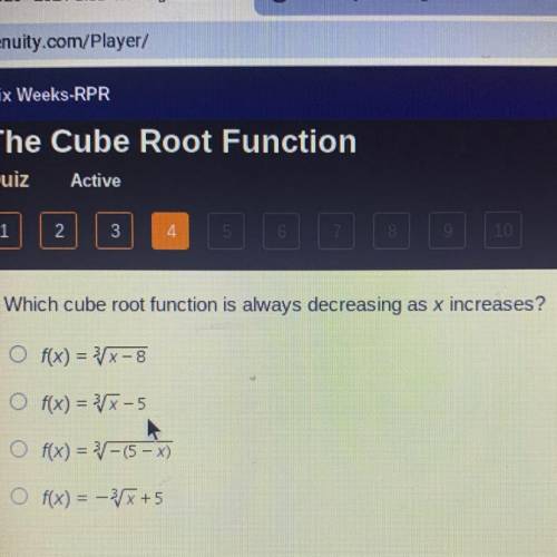 Which cube root function is always decreasing as x increases?

O f(x) = }X-8
O f(x) = 77-5
*(x) =
