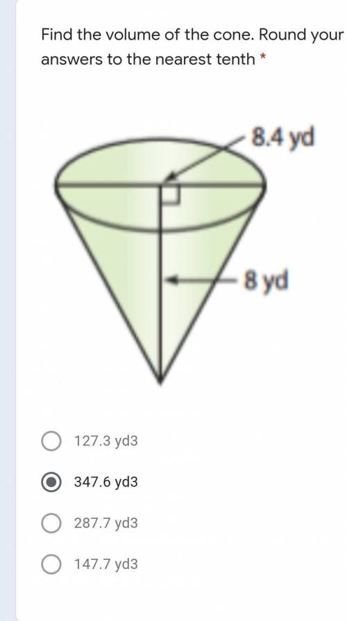Find the volume of the cone. Round your answers to the nearest tenth with radius 8.4 and 8​