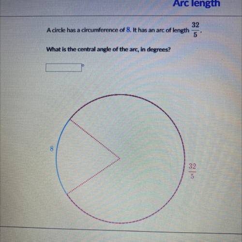 A circle has a circumference of 8. It has an arc of length 32/5.

What is the central angle of the