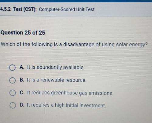 Which of the following is a disadvantage of using solar energy? 50 point question if it's right I'l