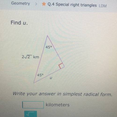 Special right triangles.
Find u.
Please help due in 30 min!!