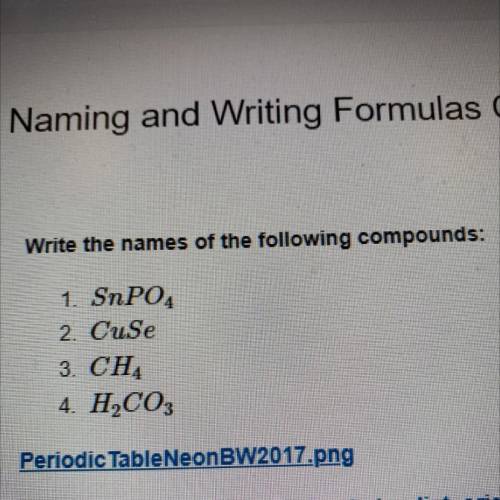 PLEASE HELP ASAP

Write the names of the following compounds:
1. SnPO4
2. CuSe
3. CHỊ
4. H2CO3