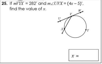 Asap and show how u did it pls If m vxy=282 and m uvx=(4x-5) find the value of x