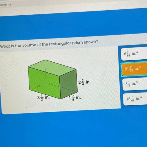 What is the volume of the rectangular prism shown?

644 in.
214 in.
2 in.
8} in.
in.
la in.
18 in.