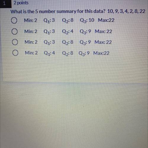 What is the 5 number summary for this data? 10,9,3, 4, 2, 8, 22
NO LINKS